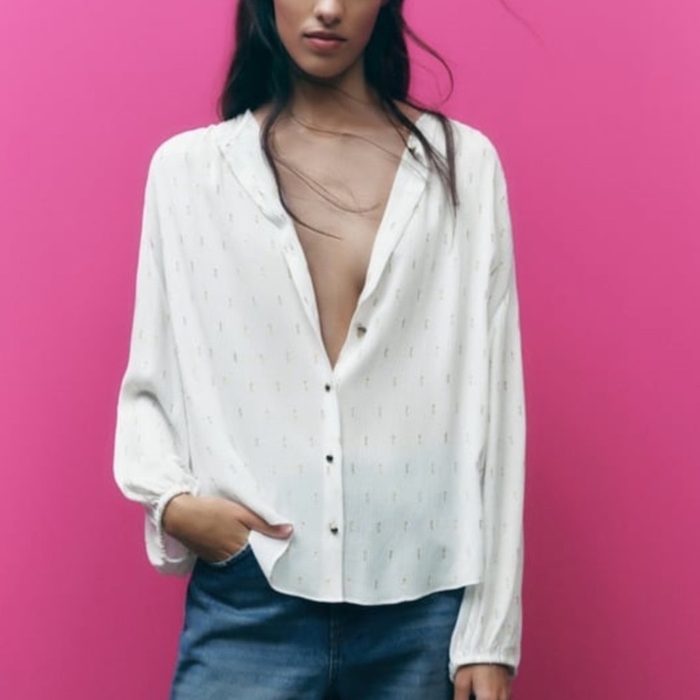 Zara METALLIC THREAD SHIRT Ecru Size Medium